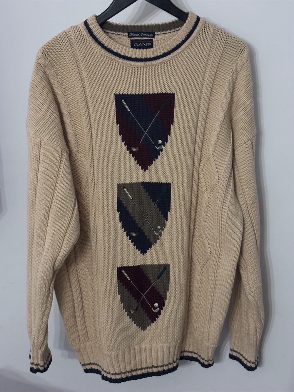 GANT XL 100% Cotton Golf Intarsia Knit Sweater Beige Navy Burgundy